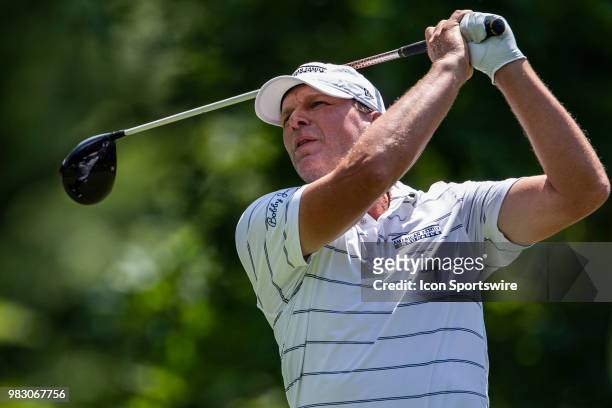 Steve Stricker watches his tee shot on the 16th hole during American Family Insurance Championship on June 24th, 2018 at the University Ridge Golf...