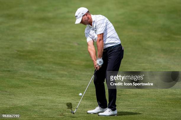 Steve Stricker hits his 2nd shot on the 18th fairway during American Family Insurance Championship on June 24th, 2018 at the University Ridge Golf...