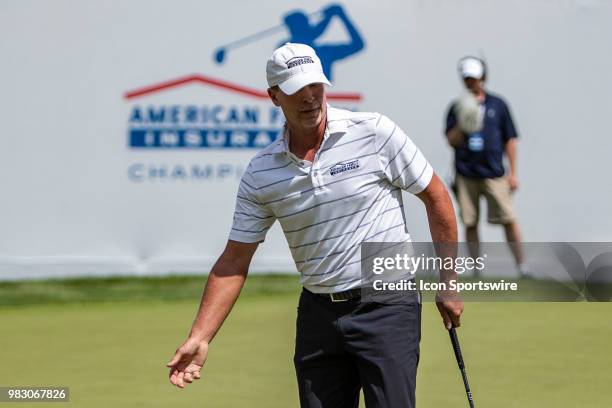 Steve Stricker reacts to missing his birdie putt at the 18th green during American Family Insurance Championship on June 24th, 2018 at the University...