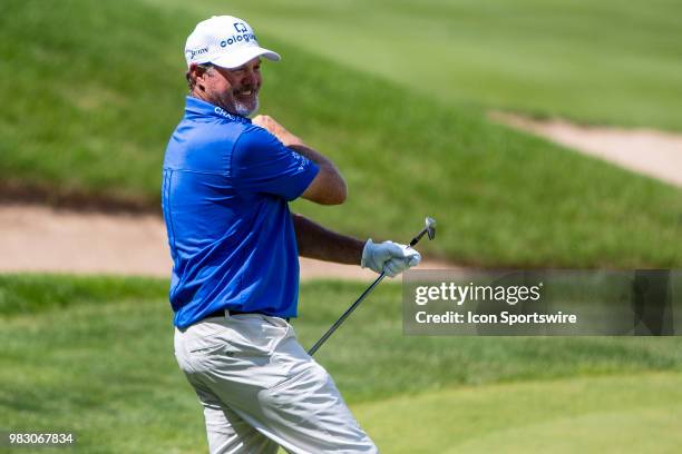 Jerry Kelly reacts to just missing a chip in birdie at the 18th green during American Family Insurance Championship on June 24th, 2018 at the...