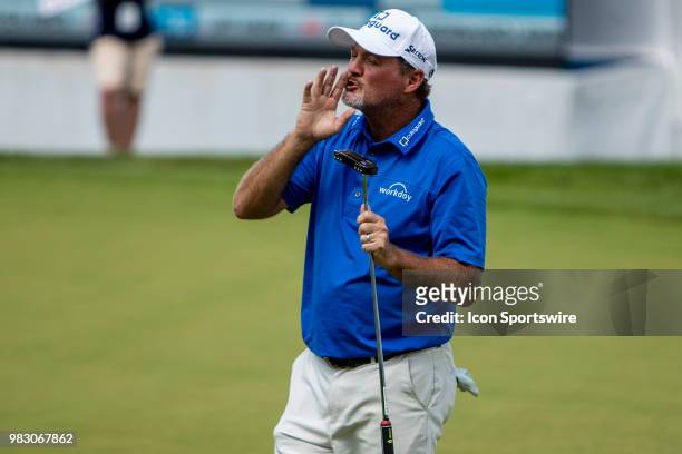 Jerry Kelly tries to shhhh the crowd after he mad his par putt during American Family Insurance Championship on June 24th, 2018 at the University...