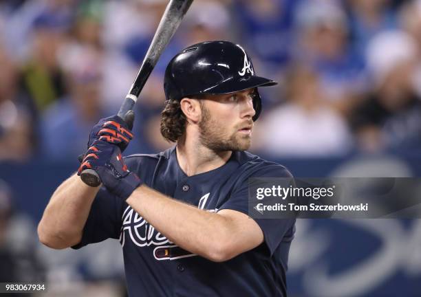 Charlie Culberson of the Atlanta Braves bats in the seventh inning during MLB game action against the Toronto Blue Jays at Rogers Centre on June 19,...