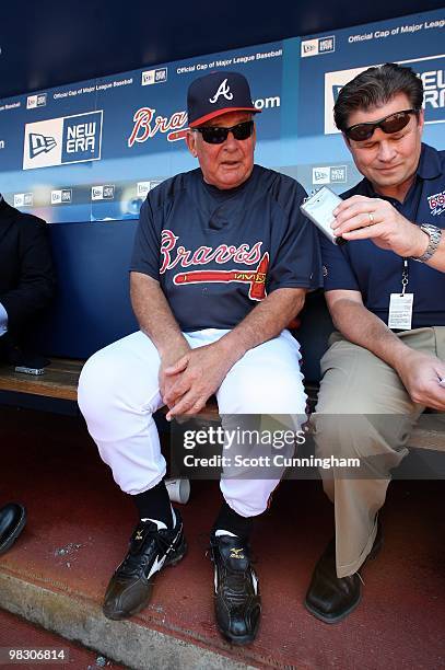 Manager Bobby Cox of the Atlanta Braves speaks with reporters before the game against the Chicago Cubs during Opening Day at Turner Field on April 5,...