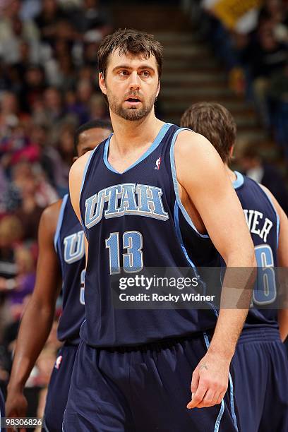 Mehmet Okur of the Utah Jazz stands on the court during the game against the Sacramento Kings on February 26, 2010 at Arco Arena in Sacramento,...