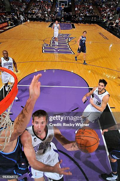 Beno Udrih of the Sacramento Kings goes to the basket against the Utah Jazz during the game on February 26, 2010 at Arco Arena in Sacramento,...