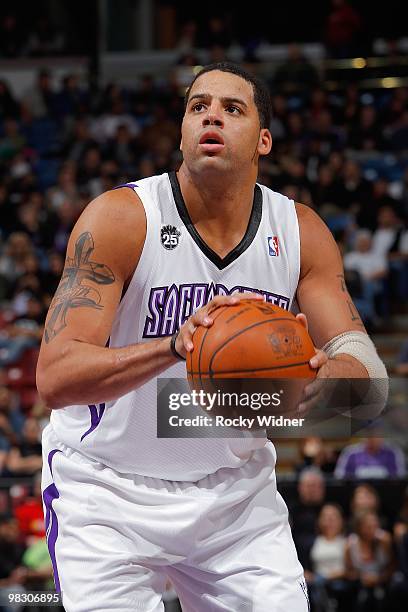 Sean May of the Sacramento Kings shoots a free throw against the Utah Jazz during the game on February 26, 2010 at Arco Arena in Sacramento,...