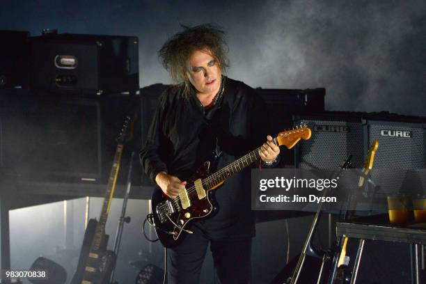 Curator Robert Smith of The Cure performs live on stage during CURÆTION-25 as part of his Meltdown Festival, at The Royal Festival Hall on June 24,...