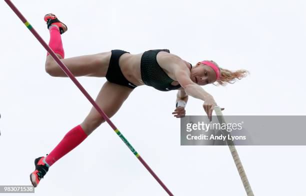 Sandi Morris clears the bar on her way to victory in the Womens Pole Vault during day 4 of the 2018 USATF Outdoor Championships at Drake Stadium on...
