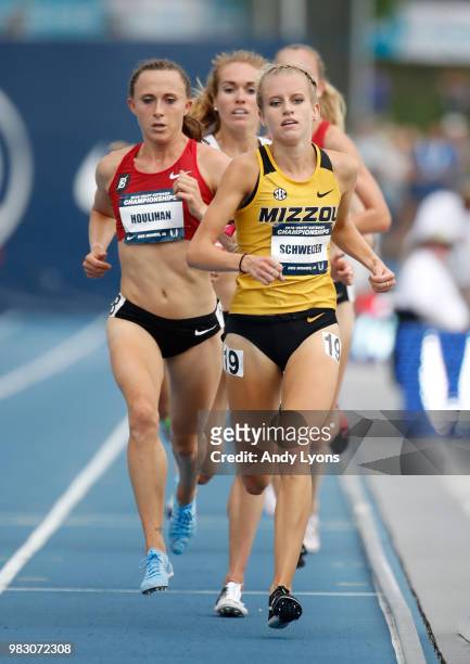 Shelby Houlihan and Karissa Schweizer runs together on the last lap in the Womens 5,000 Meter Final during day 4 of the 2018 USATF Outdoor...