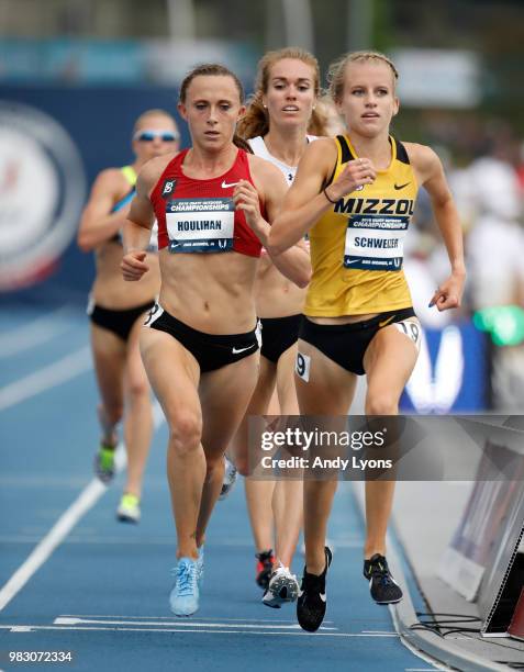 Shelby Houlihan and Karissa Schweizer runs together on the last lap in the Womens 5,000 Meter Final during day 4 of the 2018 USATF Outdoor...