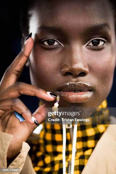 Model poses backstage prior the Kenzo Menswear Spring Summer 2019 show as part of Paris Fashion Week on June 24, 2018 in Paris, France.