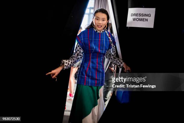 Model poses backstage prior the Kenzo Menswear Spring Summer 2019 show as part of Paris Fashion Week on June 24, 2018 in Paris, France.