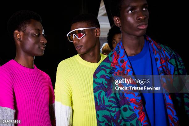 Models pose backstage prior the Kenzo Menswear Spring Summer 2019 show as part of Paris Fashion Week on June 24, 2018 in Paris, France.