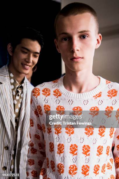 Models pose backstage prior the Kenzo Menswear Spring Summer 2019 show as part of Paris Fashion Week on June 24, 2018 in Paris, France.