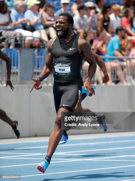 Ameer Webb runs in the semifinal of the Mens 200 Meter during day 4 of the 2018 USATF Outdoor Championships at Drake Stadium on June 24, 2018 in Des...