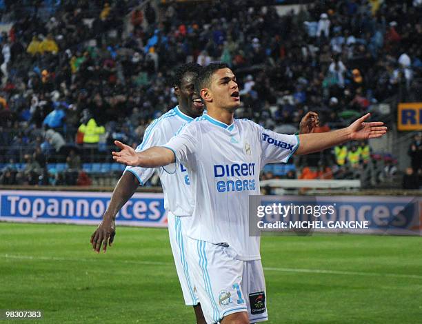 Marseille's forward Hatem Ben Arfa jubilates during the French L1 football match Marseille vs Sochaux at Velodrome stadium on April 7, 2010 in...