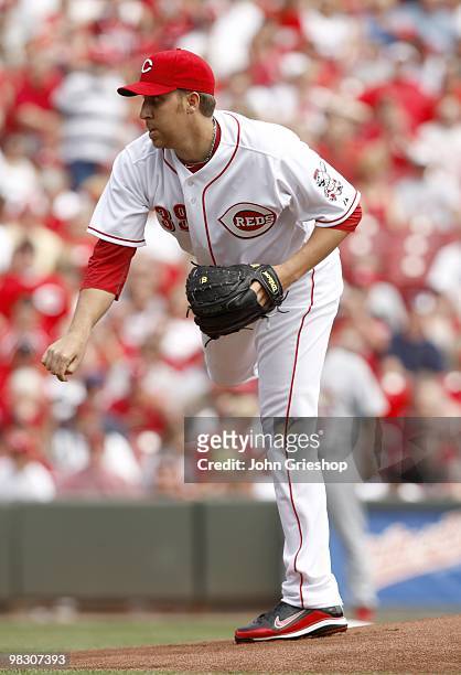 Aaron Harang of the Cincinnati Reds delivers the first pitch during the game between the St. Louis Cardinals and the Cincinnati Reds at Great...