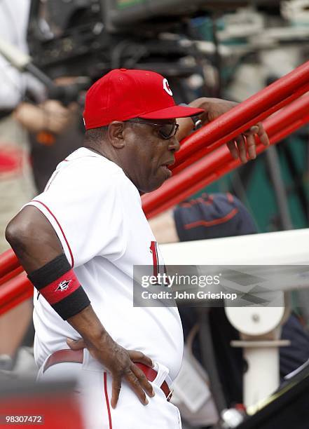 Dusty Baker, manager of the Cincinnati Reds, watches his team during the game between the St. Louis Cardinals and the Cincinnati Reds at Great...