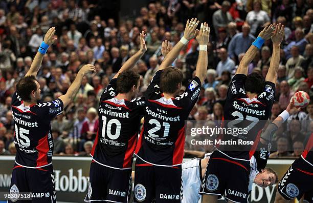 Filip Jicha of Kiel throws at goal during the Toyota Handball Bundesliga match between THW Kiel and SG Flensburg-Handewitt at the Sparkassen Arena on...