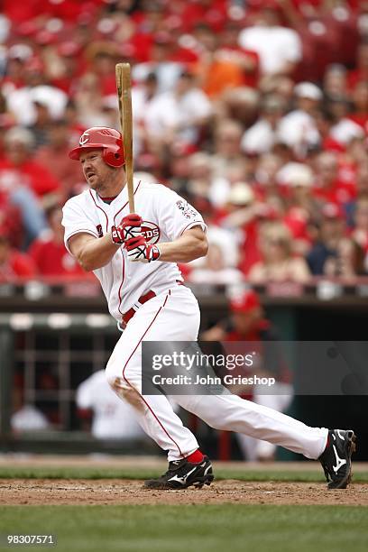 Scott Rolen of the Cincinnati Reds connects during the game between the St. Louis Cardinals and the Cincinnati Reds at Great American Ball Park in...