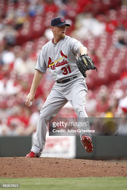 Ryan Franklin of the St. Louis Cardinals delivers a pitch during the game between the St. Louis Cardinals and the Cincinnati Reds at Great American...