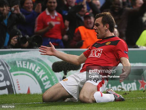 Darron Gibson of Manchester United celebrates scoring their first goal during the FA Barclays Premier League match between Manchester United and...