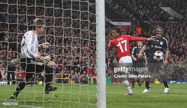 Nani of Manchester United scores their second goal during the UEFA Champions League Quarter-Final Second Leg match between Manchester United and...