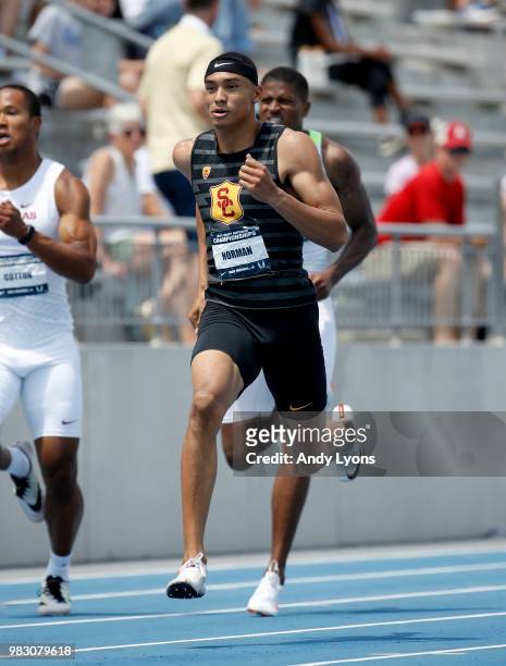 Michael Norman runs in the semifinal of the Mens 200 Meter during day 4 of the 2018 USATF Outdoor Championships at Drake Stadium on June 24, 2018 in...