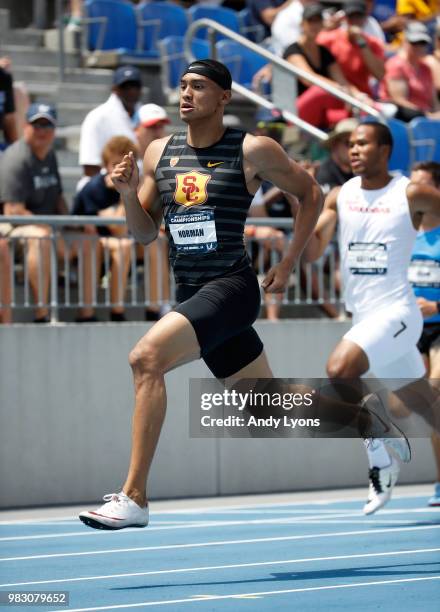 Michael Norman runs in the semifinal of the Mens 200 Meter during day 4 of the 2018 USATF Outdoor Championships at Drake Stadium on June 24, 2018 in...