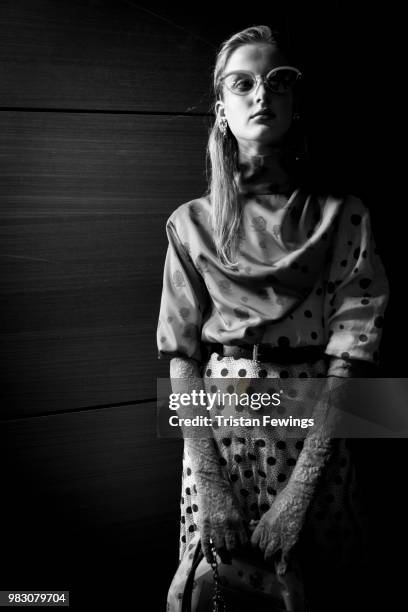 Model poses backstage prior the Kenzo Menswear Spring Summer 2019 show as part of Paris Fashion Week on June 24, 2018 in Paris, France.