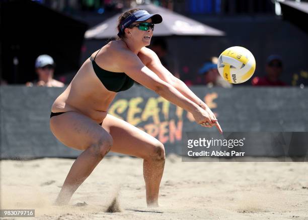 April Ross pumps the ball while competing against Betsi Flint and Emily Day during the Women's Championship game of the AVP Seattle Open at Lake...