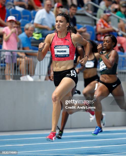 Jenna Prandini runs in the semifinal of the Womens 200 Meter during day 4 of the 2018 USATF Outdoor Championships at Drake Stadium on June 24, 2018...