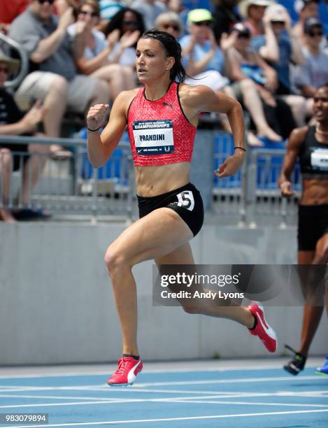 Jenna Prandini runs in the semifinal of the Womens 200 Meter during day 4 of the 2018 USATF Outdoor Championships at Drake Stadium on June 24, 2018...