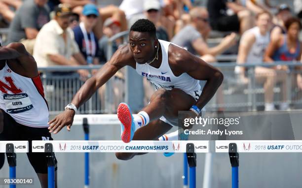 Grant Holloway clears a hurdle in the semifinal of the Mens 110 Meter Hurdles during day 4 of the 2018 USATF Outdoor Championships at Drake Stadium...