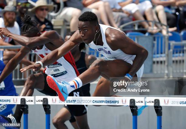 Grant Holloway clears a hurdle in the semifinal of the Mens 110 Meter Hurdles during day 4 of the 2018 USATF Outdoor Championships at Drake Stadium...