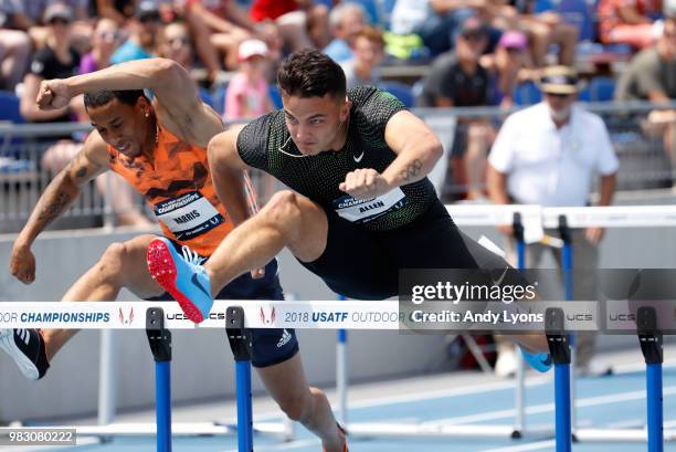 Devon Allen clears a hurdle in the semifinal of the Mens 110 Meter Hurdles during day 4 of the 2018 USATF Outdoor Championships at Drake Stadium on...