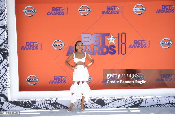 Logan Browning attends the 2018 BET Awards at Microsoft Theater on June 24, 2018 in Los Angeles, California.