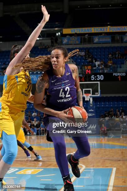 Brittney Griner of the Phoenix Mercury handles the ball against the Chicago Sky on June 24, 2018 at the Allstate Arena in Rosemont, Illinois. NOTE TO...