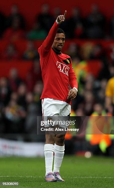 Nani of Manchester United celebrates scoring his team's second goal during the UEFA Champions League Quarter Final second leg match between...