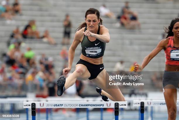 Georganne Moline clears a hurdle in the Womens 400 Meter Hurdles during day 4 of the 2018 USATF Outdoor Championships at Drake Stadium on June 24,...