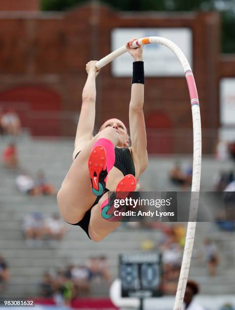 Sandi Morris attempts a clearance on her way to victory in the Womens Pole Vault during day 4 of the 2018 USATF Outdoor Championships at Drake...