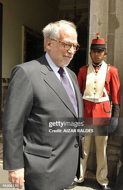 Marco Aurelio Garcia, advisor for international affairs to Brazilian President Luiz Inacio Lula da Silva leaves after meeting with Bolivia's...