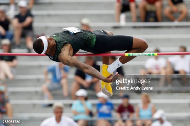 Jeron Robinson clears the bar in the Mens High Jump Final during day 4 of the 2018 USATF Outdoor Championships at Drake Stadium on June 24, 2018 in...