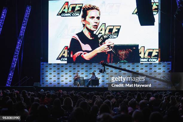 Actress Hayley Atwell speaks on stage about her role as 'Agent Peggy Carter' in the Marvel films Captain America: The First Avenger and Captain...