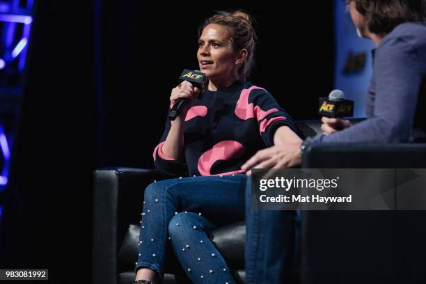 Actress Hayley Atwell speaks on stage about her role as 'Agent Peggy Carter' in the Marvel films Captain America: The First Avenger and Captain...