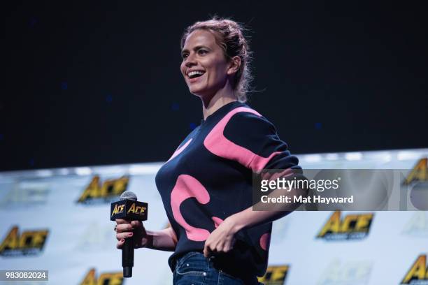 Actress Hayley Atwell speaks on stage about her role as 'Agent Peggy Carter' in the Marvel films Captain America: The First Avenger and Captain...