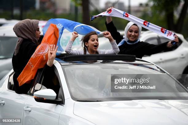 Erdogan's supporters celebrate outside the AK party headquarters on June 24, 2018 in Istanbul, Turkey. Turkey's President Recep Tayyip Erdogan has...