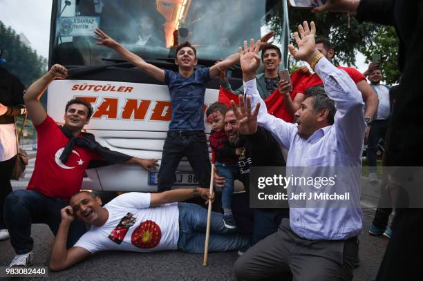 Erdogan's supporters celebrate outside the AK party headquarters on June 24, 2018 in Istanbul, Turkey. Turkey's President Recep Tayyip Erdogan has...