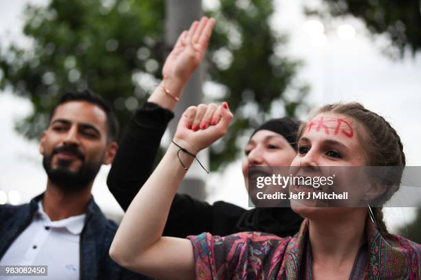 Erdogan's supporters celebrate outside the AK party headquarters on June 24, 2018 in Istanbul, Turkey. Turkey's President Recep Tayyip Erdogan has...