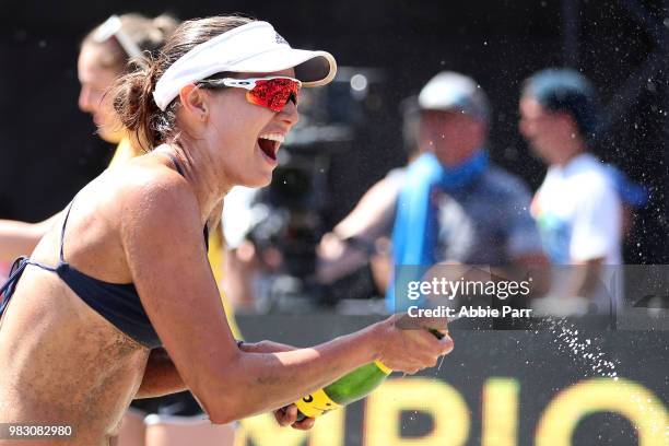 Betsi Flint celebrates after defeating April Ross and Caitlin Ledoux during the Women's Championship game of the AVP Seattle Open at Lake Sammamish...